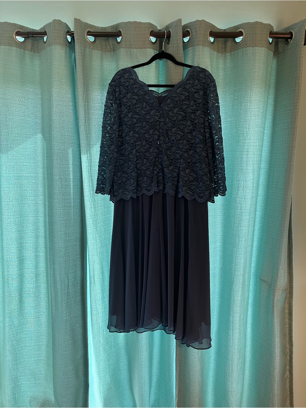 Elegant Blue Lace Overlay A-Line Dress for Women